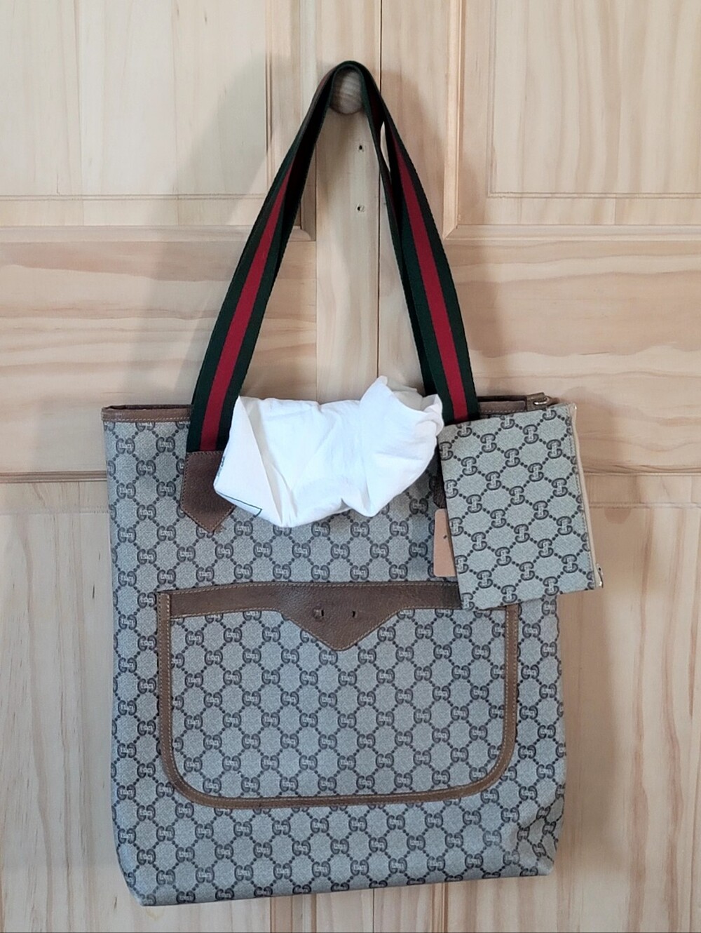 Gucci Monogram Canvas Tote Bag with Red/Green Web Straps
